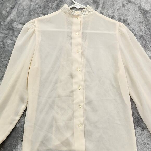 Vintage 80s Lisa Evans Top Women 10 Ivory Chiffon High Neck Lace Overlay Western - Picture 4 of 10